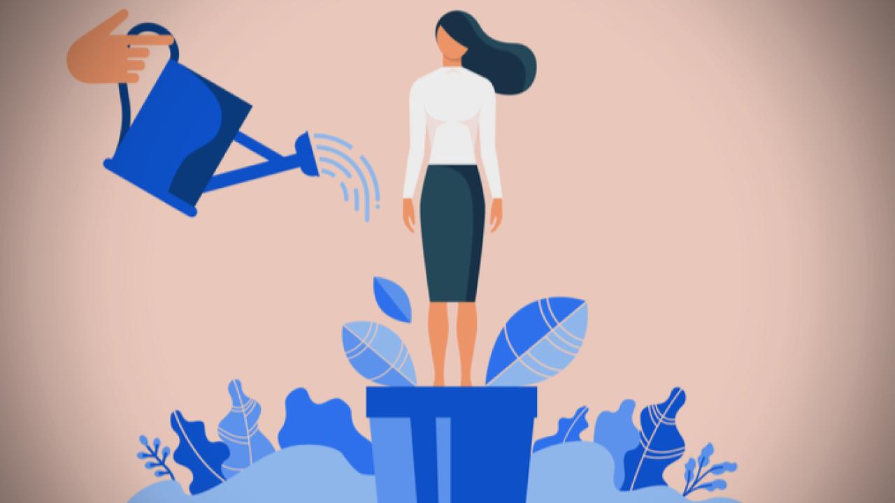 Illustration of mentorship with an analogy of a woman being watered as a plant and being inspired  