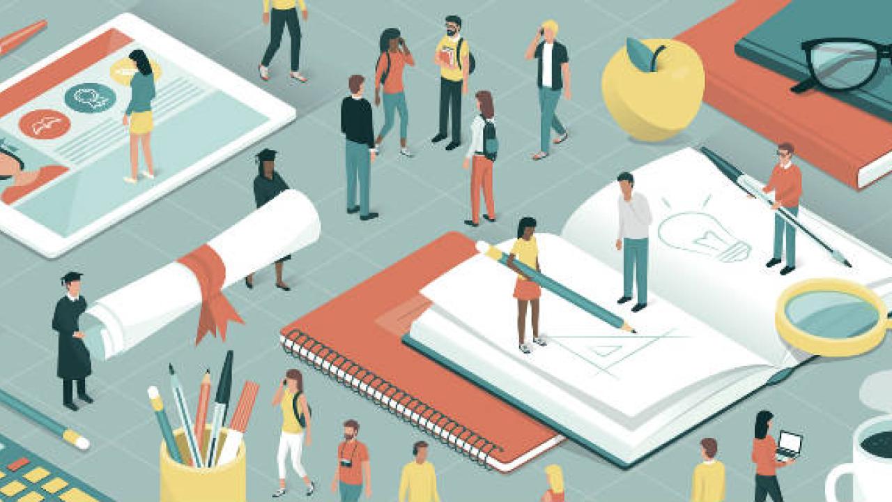 Illustration of people talking around a science context