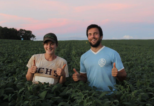 Figure 4: Caitlin Peterson and Pedro Nunes in the soybean crop at the Tupã experiment (summer cropping season 2016/17), after a successful day of sampling for Caity’s PhD dissertation.
